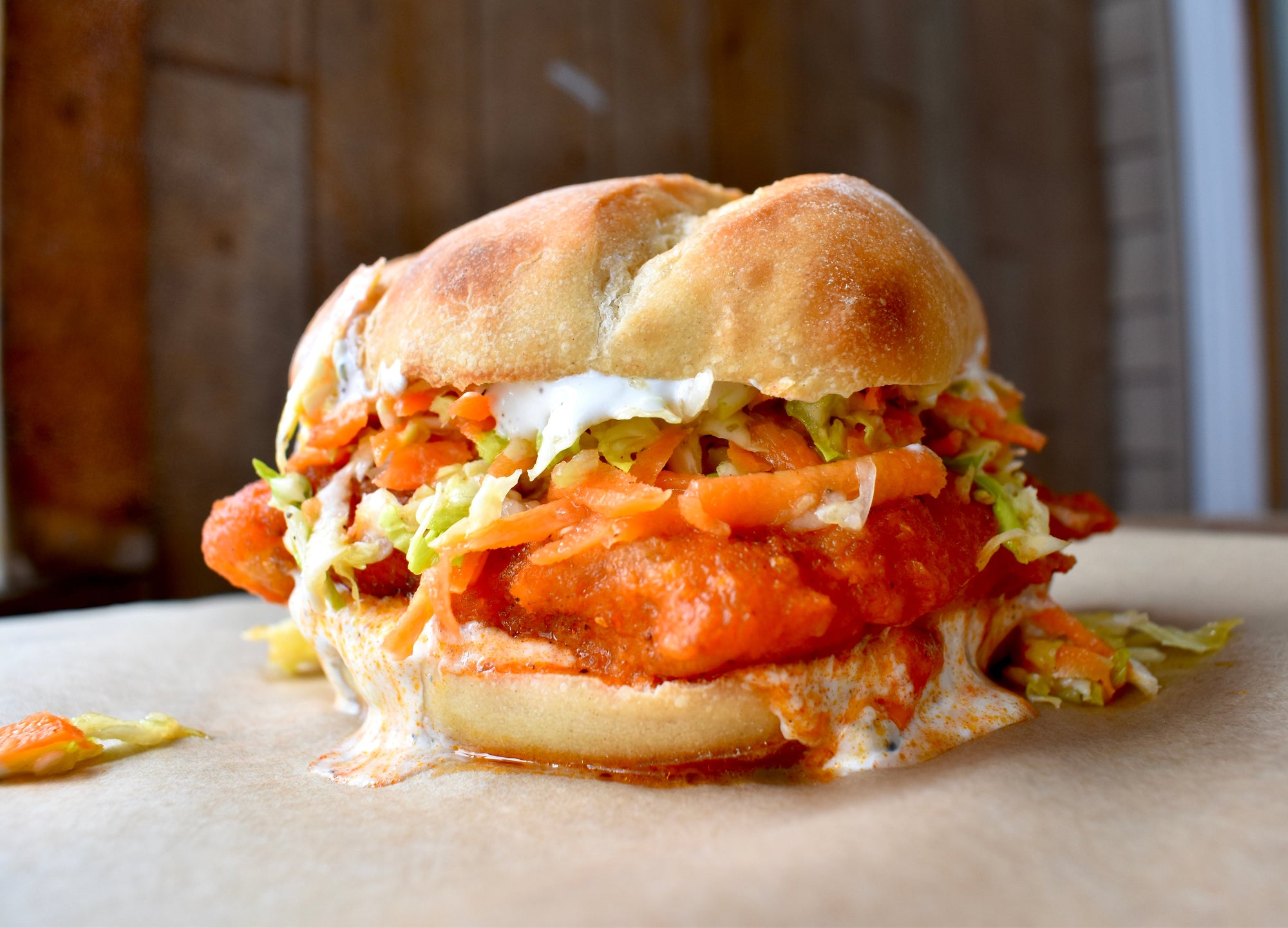 Buffalo Walleye Sandwiches with Blue Cheese Ranch Dressing and Carrot-Celery Slaw