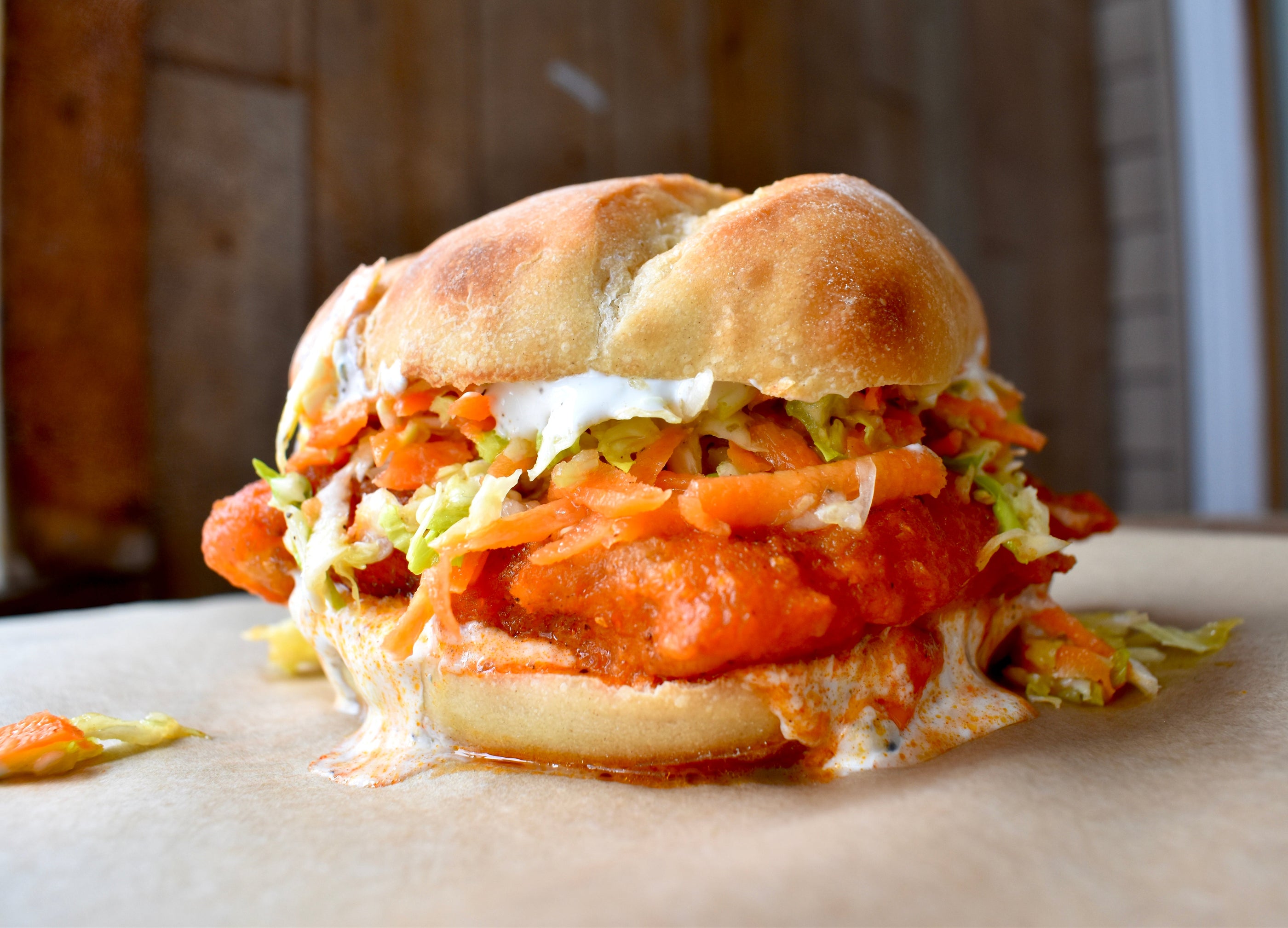 Buffalo Walleye Sandwiches with Blue Cheese Ranch Dressing and Carrot-Celery Slaw