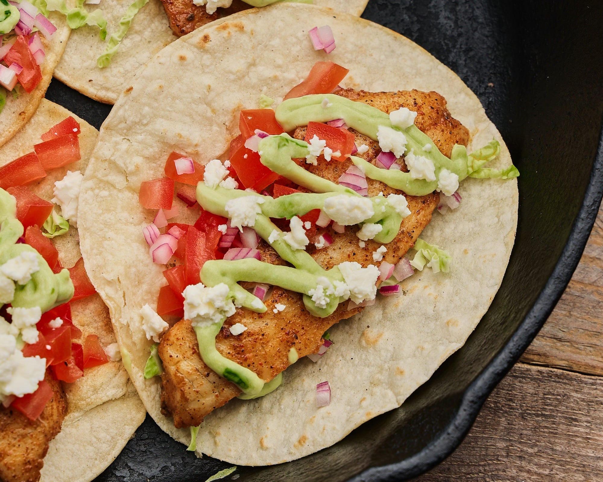 Blackened Perch Tacos with Avocado Sauce