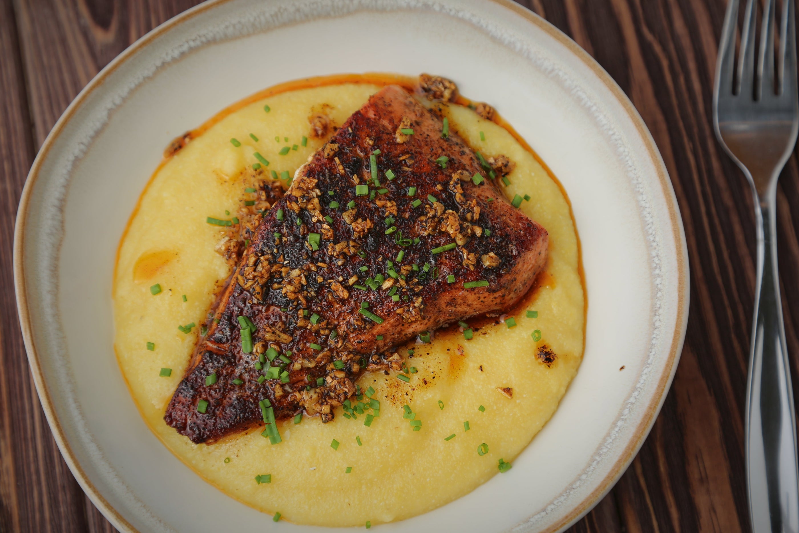 Blackened Salmon and Cream Cheese Polenta