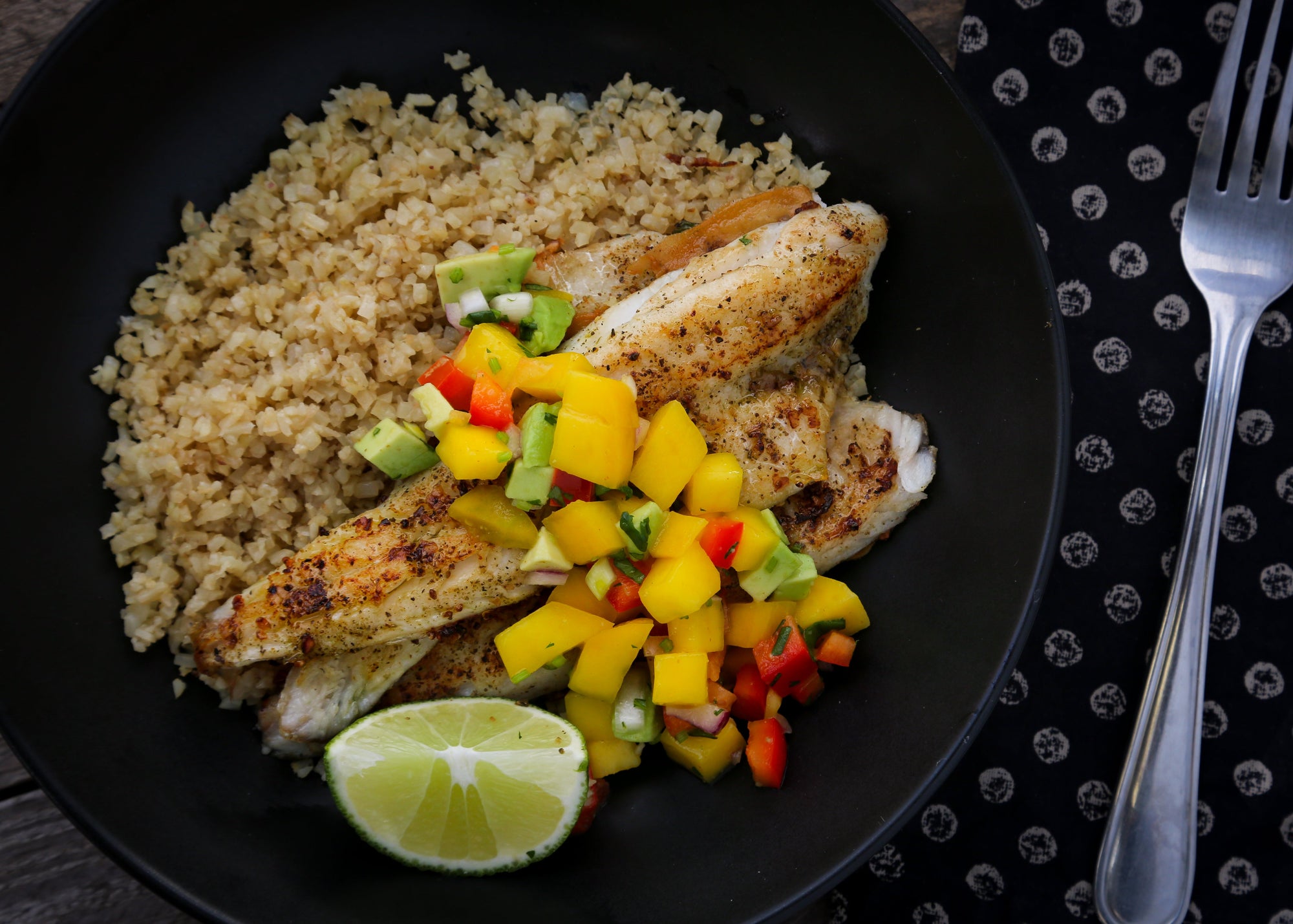 Walleye with Mango Salsa and Cauliflower Rice