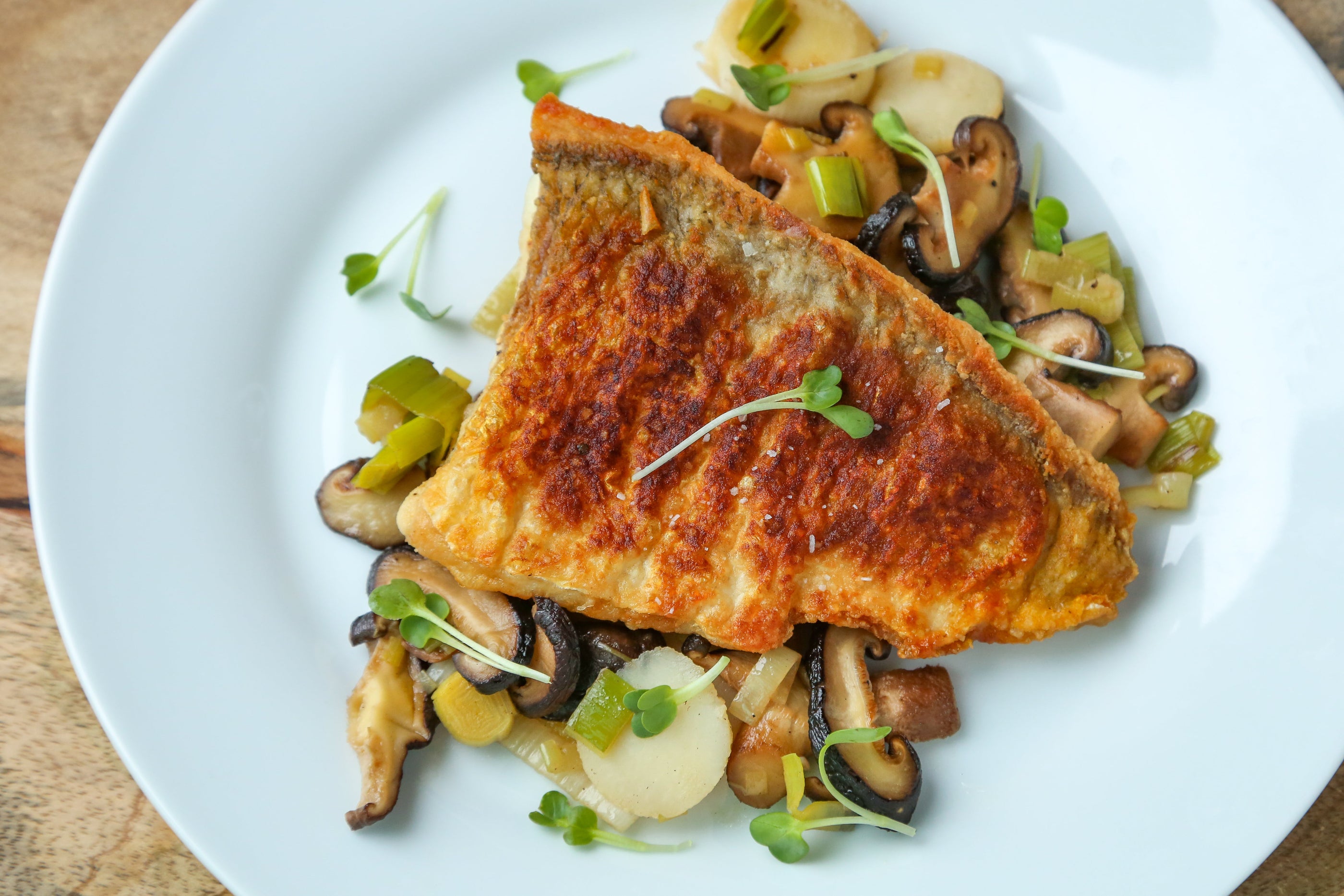 Lake White Fish with Shitake Mushrooms and Leeks