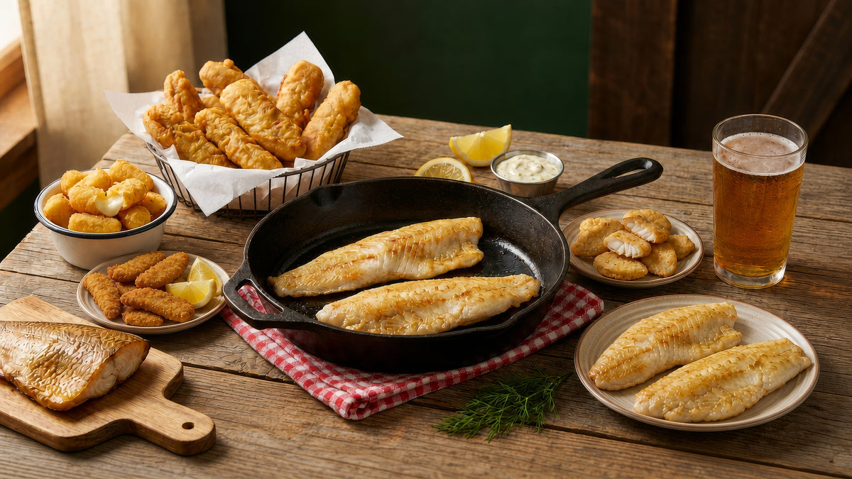 Fish Fry Friday Box cooked and served: walleye in cast iron, perch, cheeks, strips, cheese curds and smoked whitefish