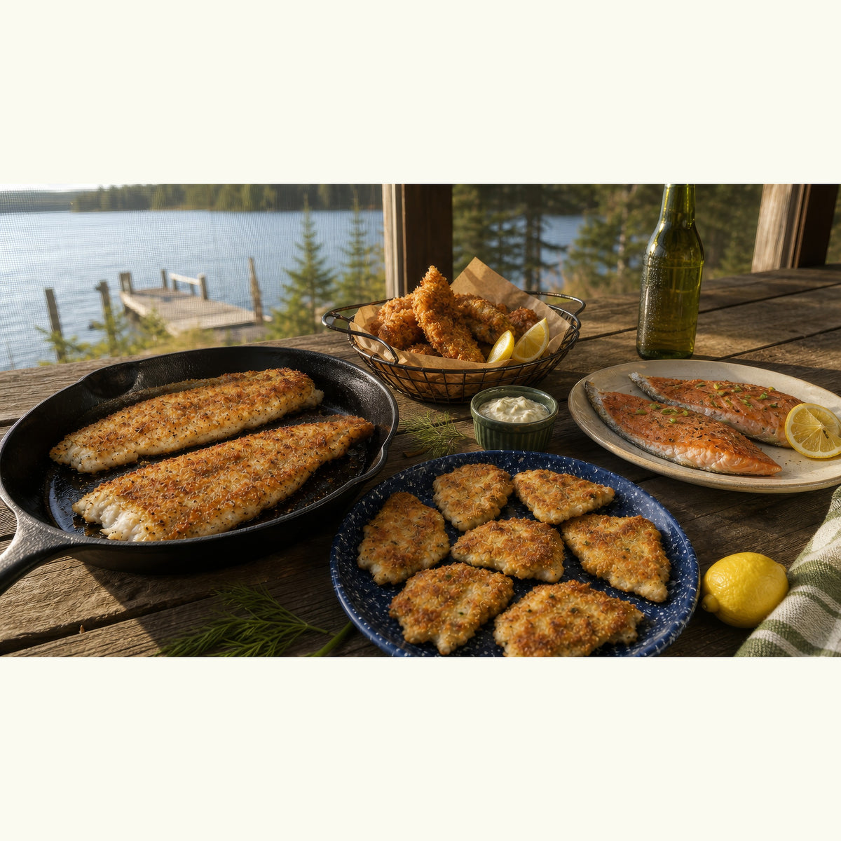 Midwest Fish Sampler cooked: pan-fried skinless walleye, bluegill, panko yellow perch and seared steelhead trout on a lake cabin porch