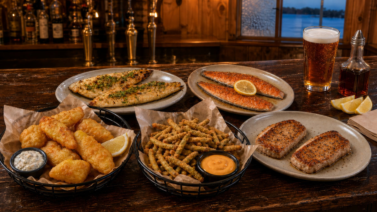 Pub Basket Sampler cooked and served on a tavern bar: fried walleye, seared rainbow trout, beer battered walleye strips, breaded green beans and pork chops