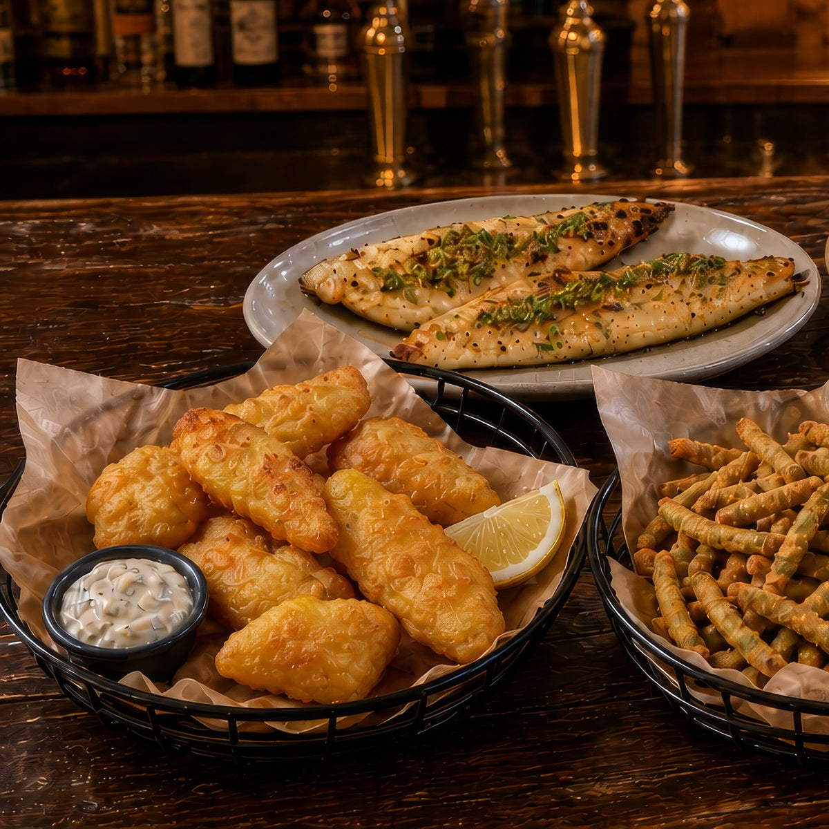 Beer battered walleye strips and breaded green beans in pub baskets