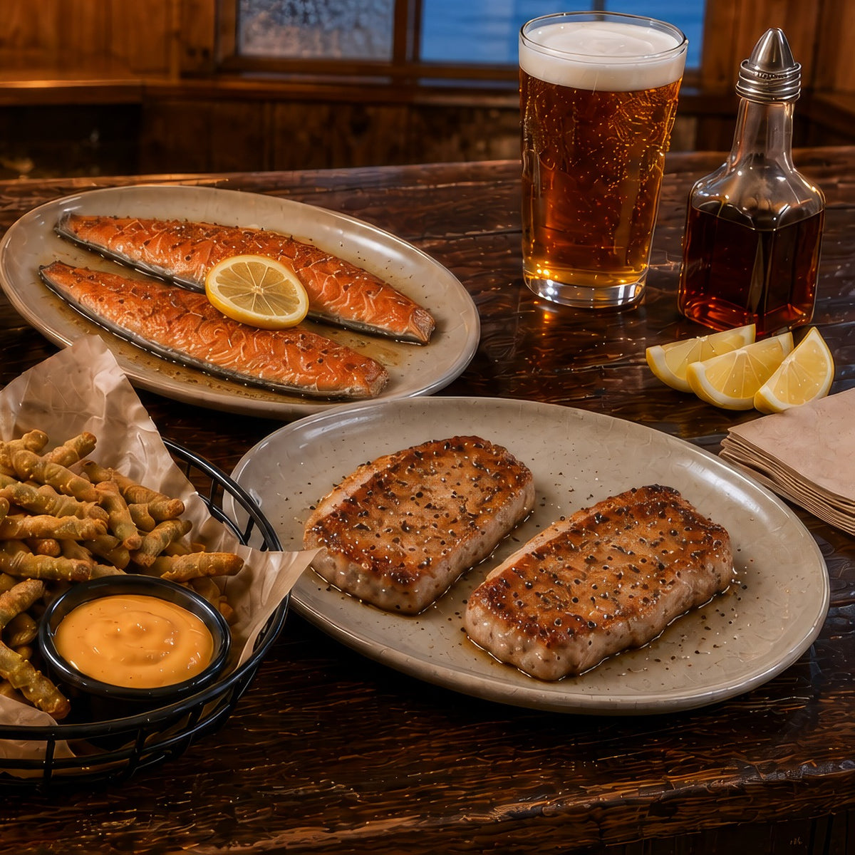 Seared rainbow trout and boneless pork chops with a pint