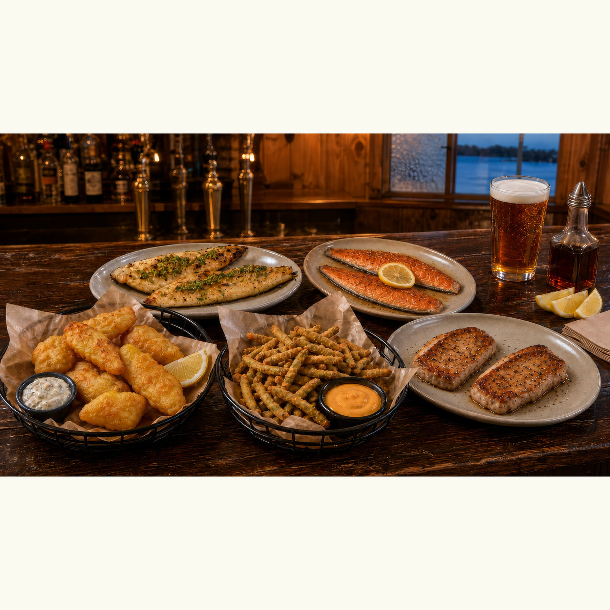 Pub Basket Sampler contents, cooked and plated